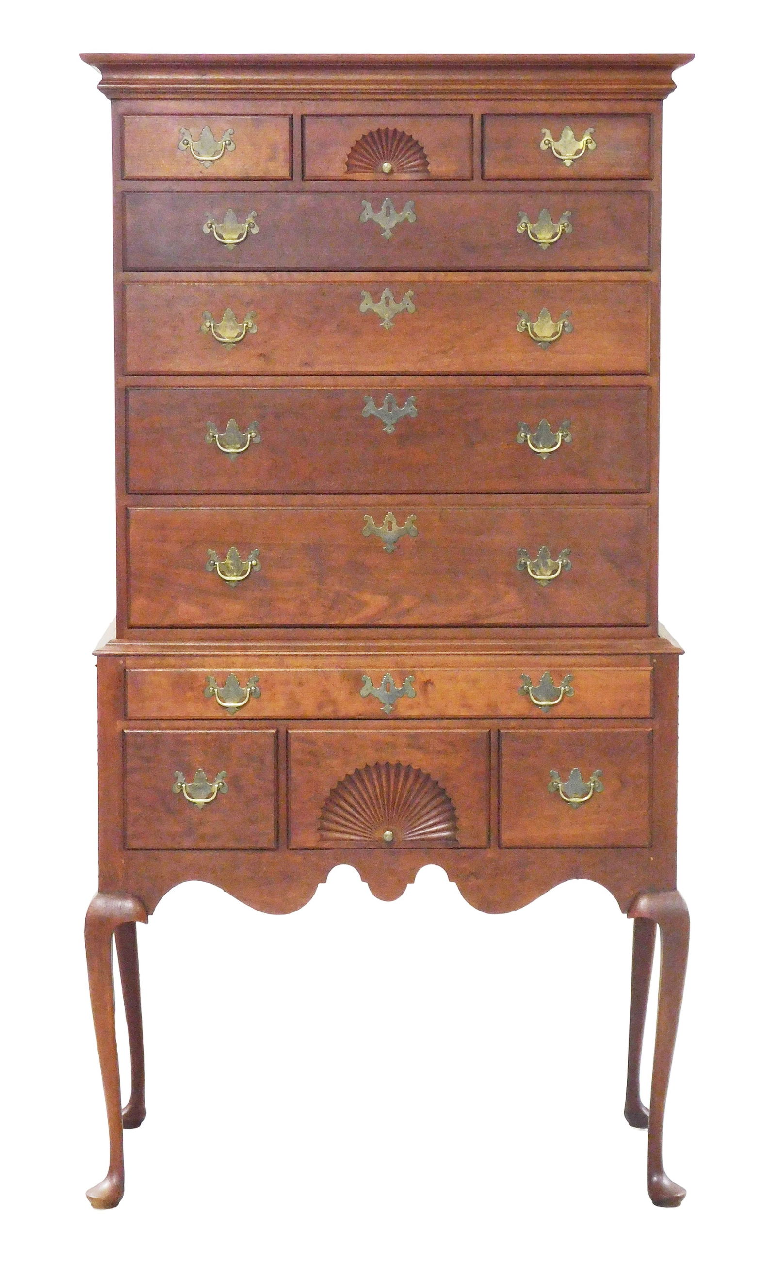 Eldred Wheeler cherry highboy, Queen Anne style, in two parts, cherry with pine secondary, flat: Eldred Wheeler cherry highboy, Queen Anne style, in two parts, cherry with pine secondary, flat molded cornice, upper case with three short drawers including fan-carved center drawer over four graduat