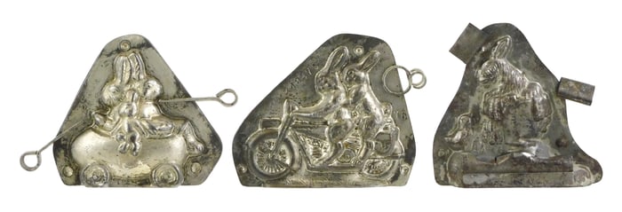 CHOCOLATE MOLDS: Three Anton Reiche, Dresden, rabbit themed molds, all stamped, details include: two