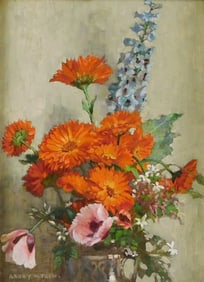 Abbey Altson (English, 1866-1949), oil on canvas, vibrant floral still life featuring bright orange