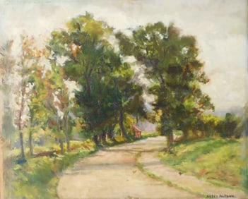 Abbey Altson (English, 1866-1949), oil on canvas laid down on board, depicts country roadway between
