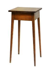 Splay leg stand, Hepplewhite form, 20th C., pine square top with molded edge, four square tapered