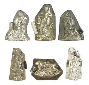 CHOCOLATE MOLDS: Anton Reiche, Whygandt, etc., six Easter/ rabbit themed molds, including: walking