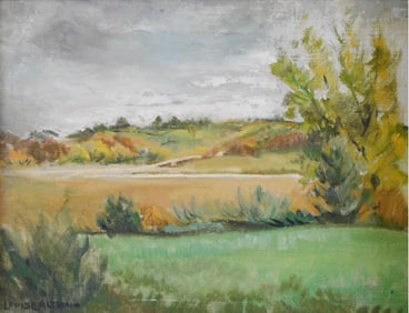 Louise Altson (American, 1910-2010), oil on Masonite, pastoral scene with fields and rolling hills