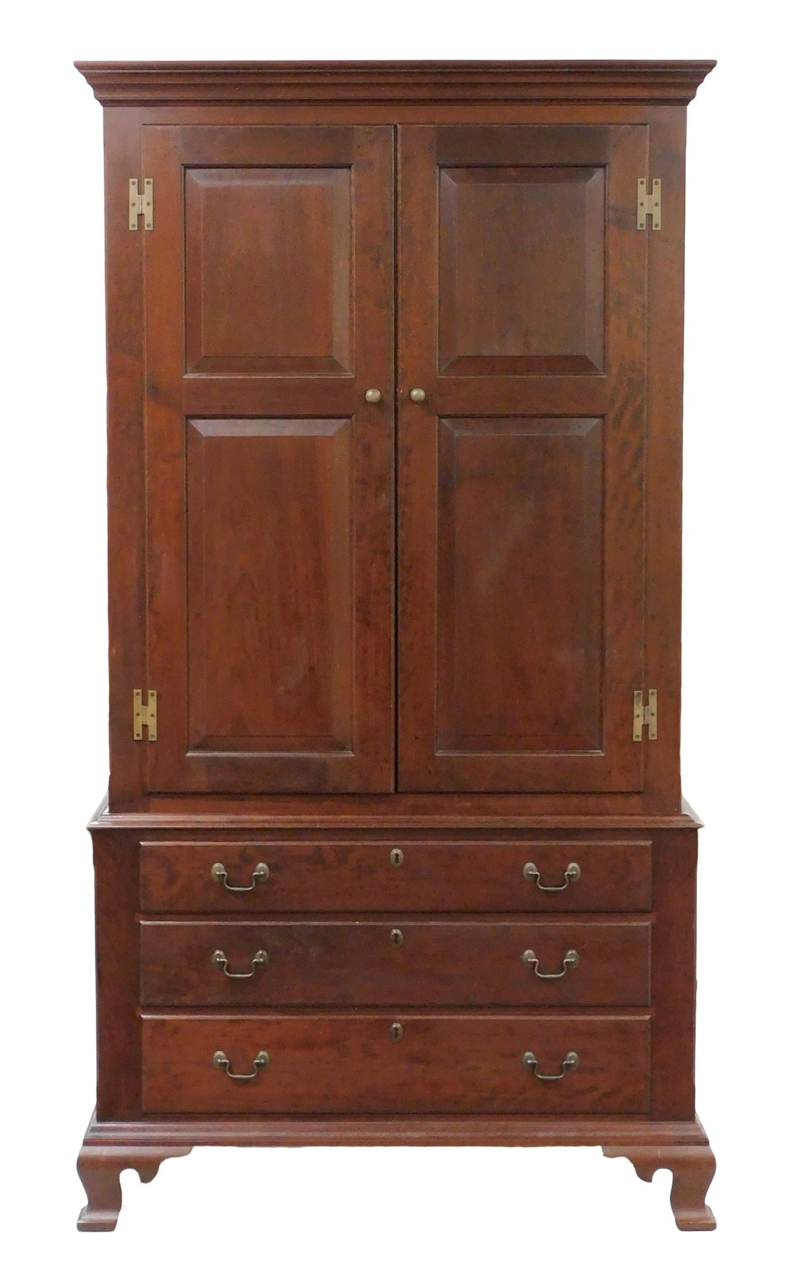 Eldred Wheeler cherry linen press/ entertainment cupboard, in two parts, upper case with molded flat: Eldred Wheeler cherry linen press/ entertainment cupboard, in two parts, upper case with molded flat top over two paneled doors, adjustable shelves to interior, lower case with three graduated long dr