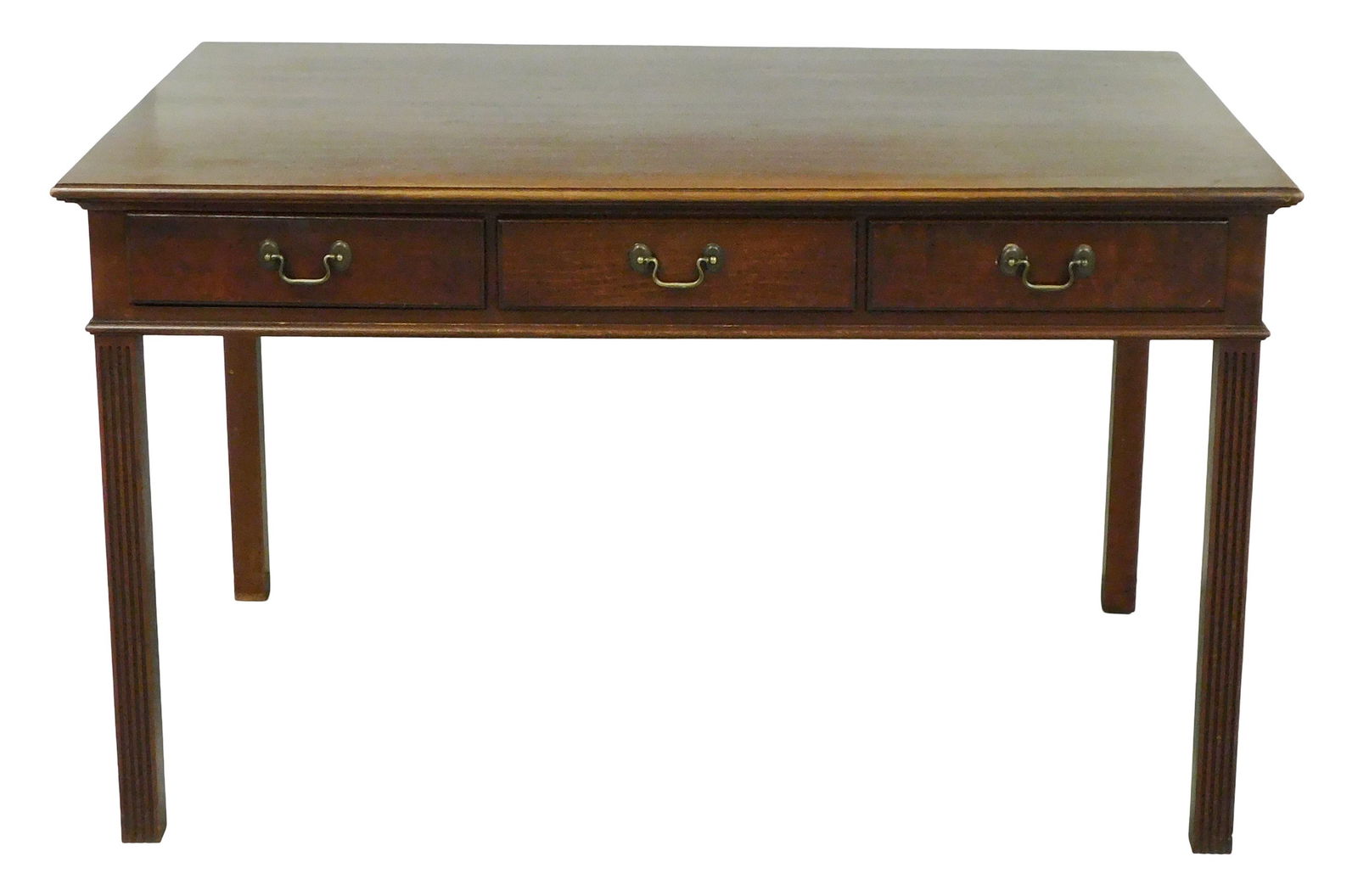 Eldred Wheeler Chippendale library desk, cherry, rectangular top above three short drawers, on: Eldred Wheeler Chippendale library desk, cherry, rectangular top above three short drawers, on fluted straight legs, wear consistent with age and use including sun fade, scratches to top, sold as is,