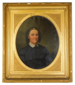 19th C. portrait of woman, oil on canvas, older woman in all black dress with white collar and onyx