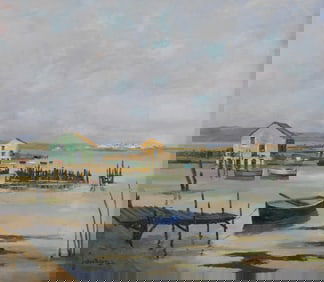 Andre Jourcin (France, 1905-1974), oil on canvas, coastal scene with piers, fishing shacks, and