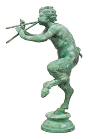 GARDEN: Pan bronze sculpture, bright green patina, young satyr Pan prances while playing double