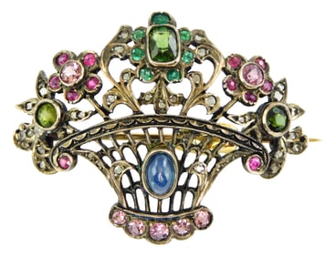 JEWELRY: Victorian silver gemstone flower basket brooch, filigree design set with numerous colored
