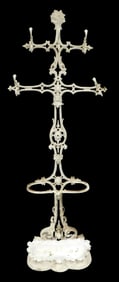 Cast iron hall tree and umbrella stand, Victorian, later painted white finish, pierced ornate