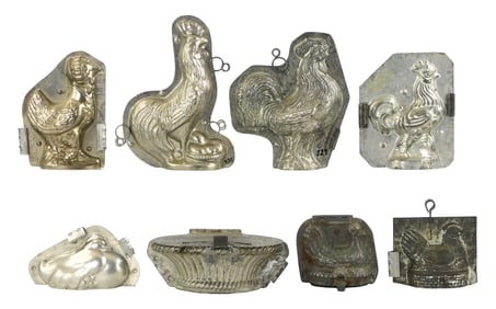 CHOCOLATE MOLDS: Letang, Eppelsheimer, Walter, etc., hen in basket, mother hen and rooster themed,