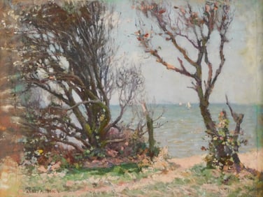 Abbey Altson (English, 1866-1949), oil on canvas laid down on board, depicts tree-lined ocean side