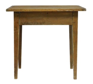 Side table, American, 19th C., pine, breadboard top, hardwood base with square tapered legs, traces