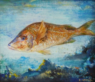 Louise Altson (American, 1910-2010), oil on canvas, depicts fish painted on gilt ground with areas