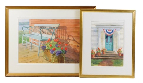 Two Monique Parry watercolors, both signed, including: "Summer Street Portico", 1992, depicting