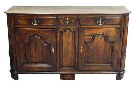 Oak server, English, 18th C., likely a dresser base now fitted as server, top over two long and