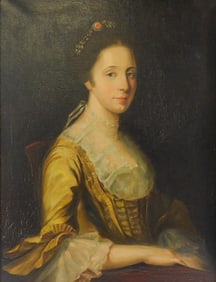 After Charles Willson Peale, portrait of “Margaret Strachan??, baroque-style portrait of lady in