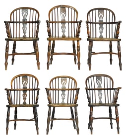 +Six Windsor armchairs, English, yew wood, pierced splats, saddle seats, turned base with curved