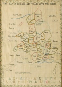 SAMPLER: 18th C. English needlework map sampler by Ann Broad, age 10, of Stourport, Worcestershire,