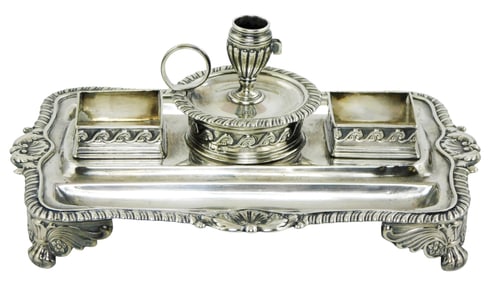 STERLING: Georgian sterling silver desk tray, London, 1816, oblong with shaped sides and gadroon