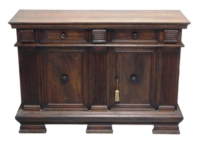 +Italian server, 18th C., walnut, carved dentil molding, fluted columns, round metal pulls, two long
