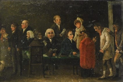 19th C. Oil on panel, depicts English court of magistrates and petitioners, no signature viewed,