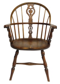 Windsor armchair, English, 20th C., oak in “sack back?? style, back central pierced splat with