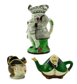 Three figural ceramic serving pieces, 19th/20th C., including: Foley “Intarsio?? teapot with