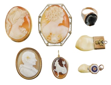 CAMEOS: Seven pieces in tested or stamped 14K gold frames, including three brooches with portraits