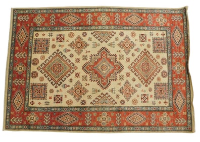 RUG: Uzbek Kazak, 4' x 5' 9", wool on cotton, classic geometric motifs, wear consistent with age and