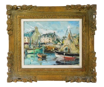 20th C. French harbor scene, oil on canvas, signed Leguen, bustling French village harbor scene with