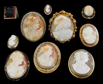 CAMEOS: Ten cameos, stamped or tested 10K, including seven traditional pink shell portrait