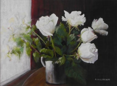 Ann Vaillencourt (Connecticut, 20th C.), pastel on paper, “Red Curtain??, still life with white