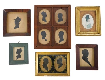 Six miniature portraits, mostly silhouettes and one woman with drawn color elements, framed, details