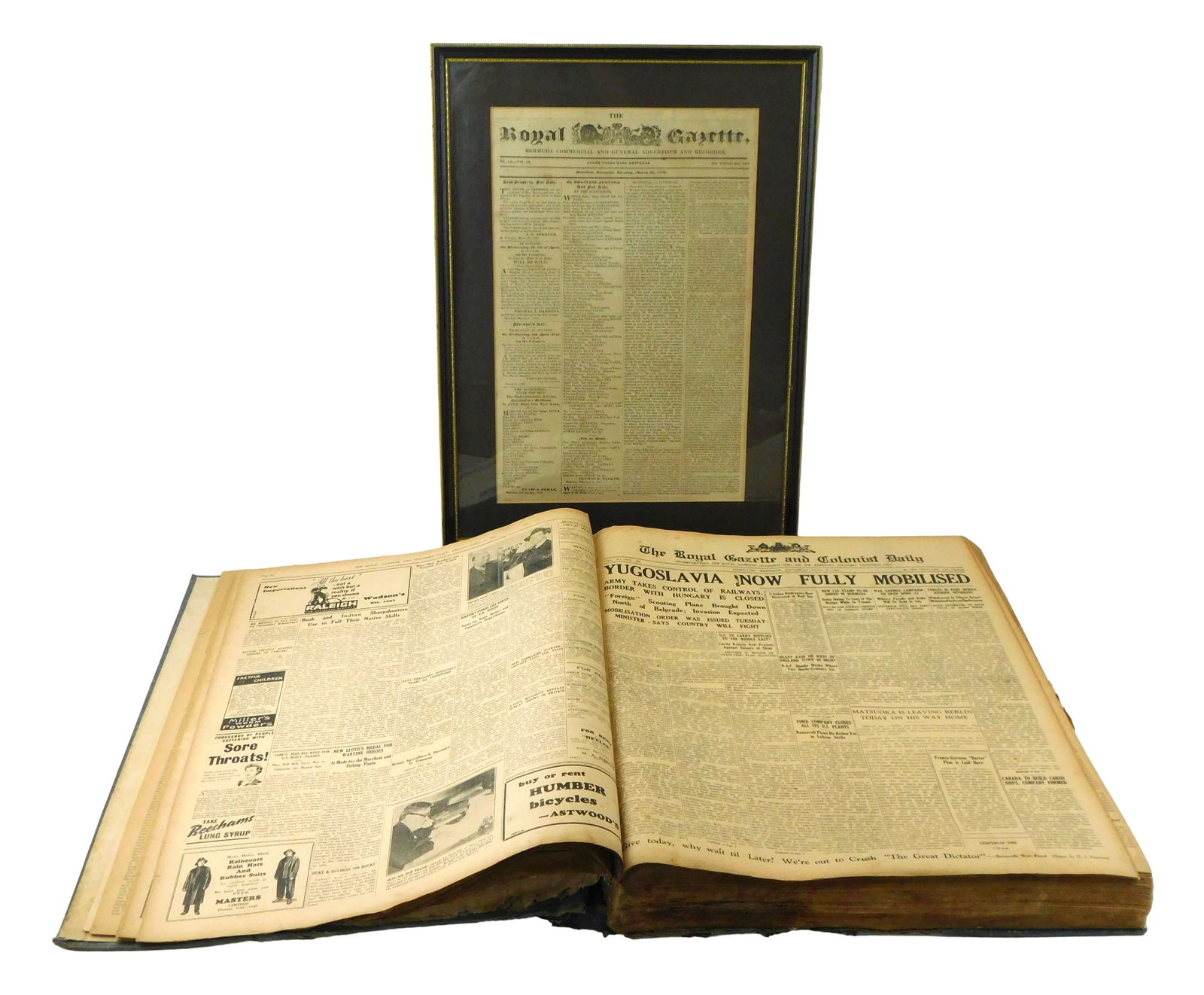 EPHEMERA: Bermuda Gazette and Royal Gazette, 1836 and 1941, one framed and one a bound folio, (1 of 5)