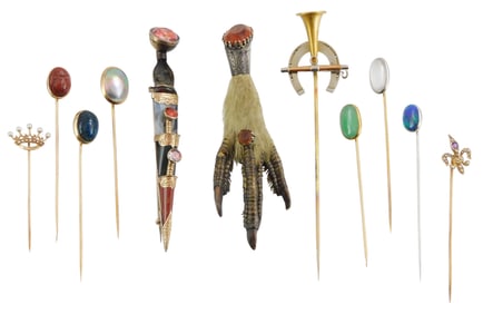 JEWELRY: Eleven stick pins/kilt pins, mostly 14k, including a Scottish "Dirk" pin (9k) with agate