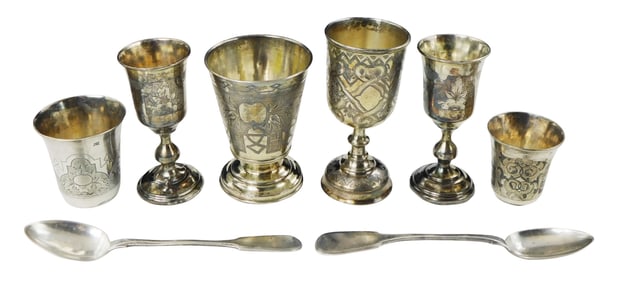 SILVER: Eight Russian silver pieces, including six kiddish cups and two spoons, details include: