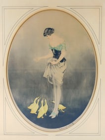 Louis Icart (France, 1888-1950), etching and aquatint, 1927, featuring woman with ducks, she stands
