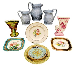 Late 19th C. ceramics, including “Bull at the Gates?? relief molded jug graduated set, ten pieces