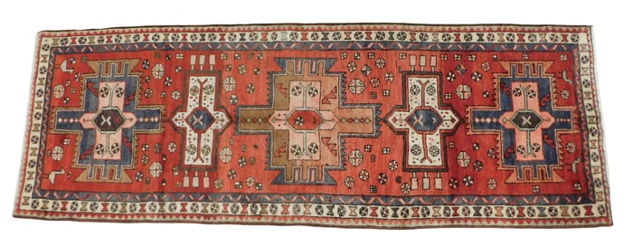 RUG: Northwest Persian Heriz runner, 3' x 10', wool on cotton, geometric and bird motifs on burgundy