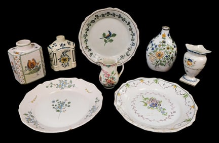 Tin glazed, etc., early ceramics, eight pieces total, including: three tin glazed plates, all with