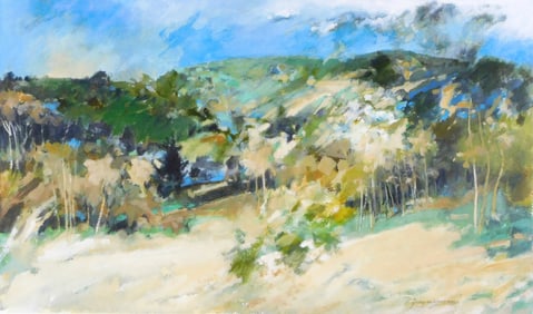 Paul Zimmerman (Connecticut, 1921-2007), watercolor, untitled landscape showing trees and mountains,