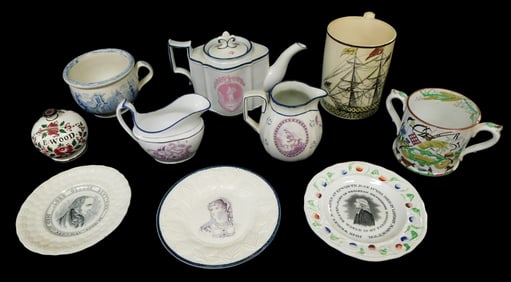 Late 19th C. ceramics featuring classical and figural motifs, ten pieces total, details include: