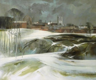 Paul Zimmerman (Connecticut, 1921-2007), “Return to Zion", oil on canvas, depicts snowy industrial