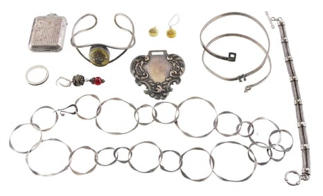 JEWELRY: nine pieces of silver jewelry, all stamped or tested silver, details include: an art deco