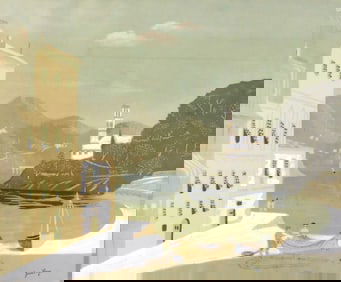 Jean Hugo (French, 1894-1984), silkscreen on paper, European seaside view with buildings at one side