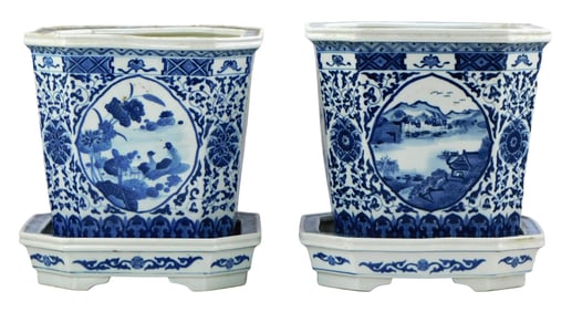 ASIAN: Pair of porcelain jardinières and stands, Chinese, Qing Dynasty or later, octagonal