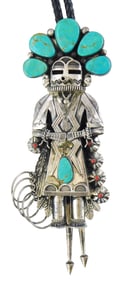 JEWELRY: Kachina bolo tie, monumental sterling hoop dancer with turquoise headdress and turquoise