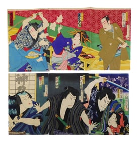 ASIAN: Two triptychs by Toyohara Kunichika (Japanese,1835-1900), ukiyoe woodblock prints, both