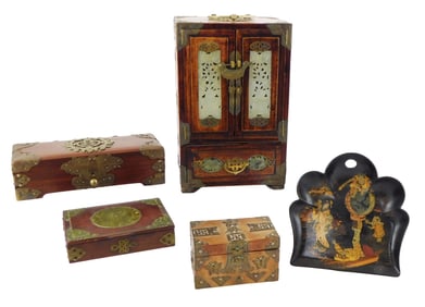 ASIAN: Chinese wood and brass bound boxes and papier-mache tray, 20th C., five pieces, including one